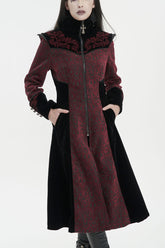 Manteau gothique pour femmes en jacquard rouge avec boucle champignon cloutée en métal et broderie croisée
